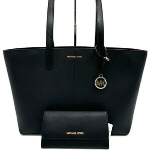 Michael Kors Medium Jet Set Travel Zip Tote Bag & Trifold Wallet Black/Gold